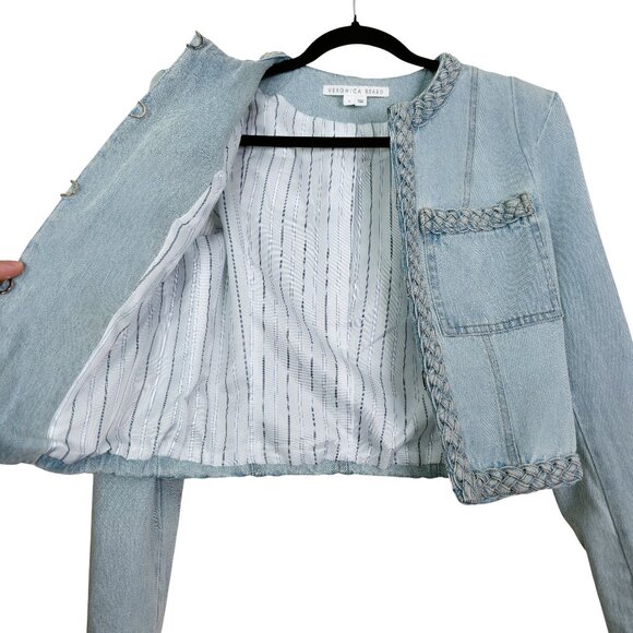 Veronica Beard Arrowe Braided Denim Chambray Light Blue Cropped Jacket Size 2 - Picture 8 of 13